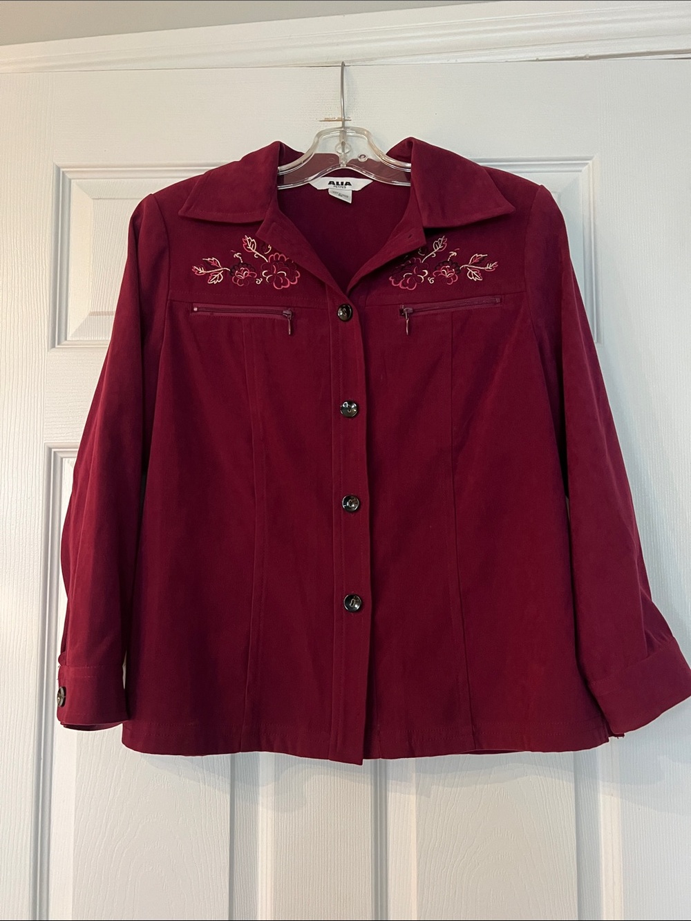 Alia Burgundy Embroidered Button-Front Blazer
